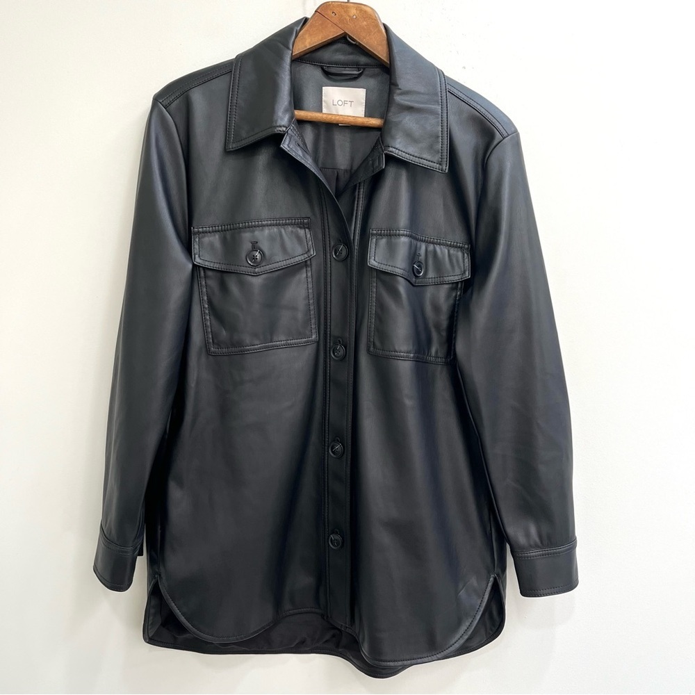 LOFT Black Faux Vegan Leather Women's Shirt Jacket Shacket Long Line Medium